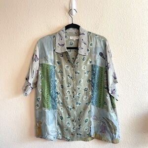 Vintage Citron Green Patchwork Button Up Short Sleeve Blouse Mens Size XS